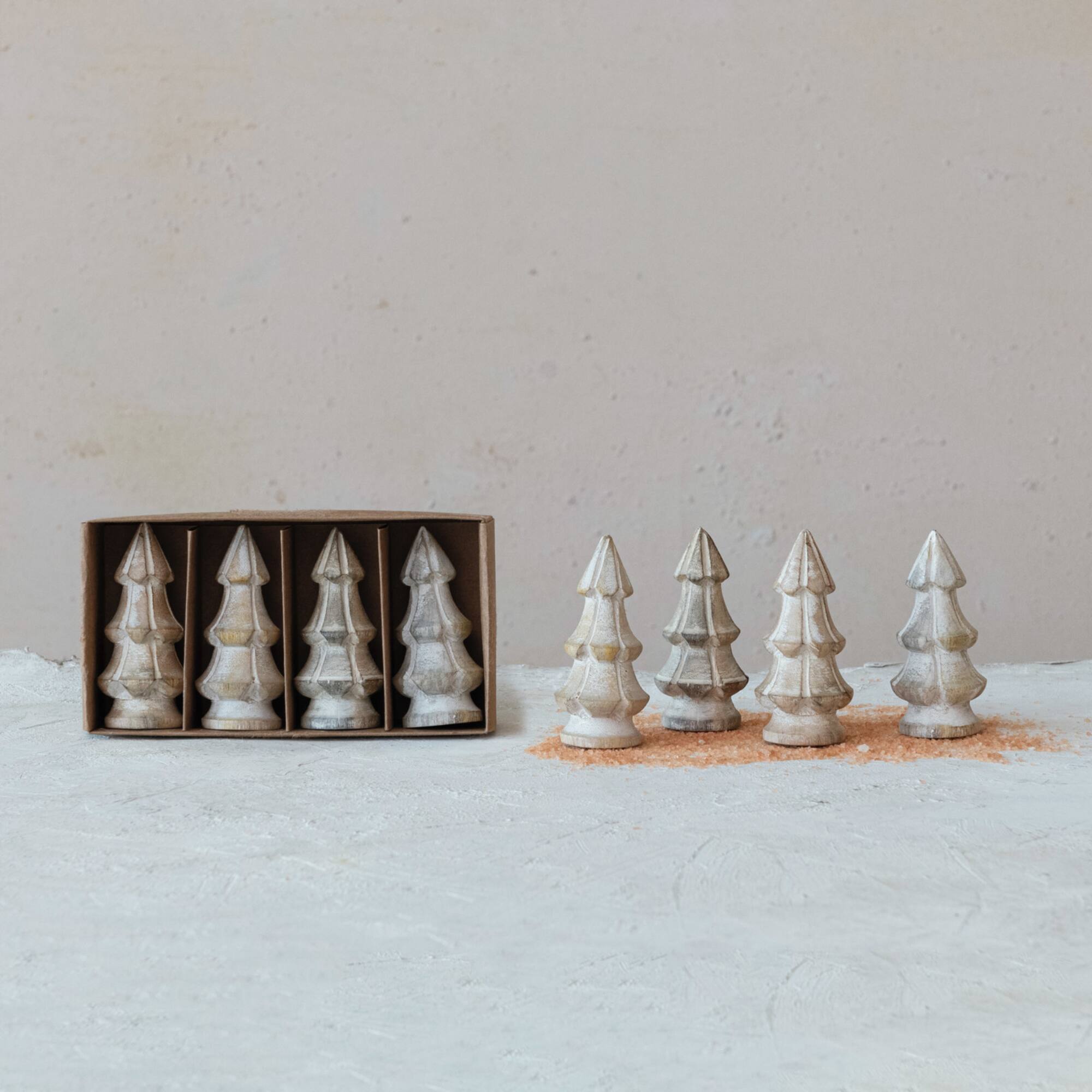 Hello Honey® 4.25" White Carved Mango Wood Christmas Trees, 4ct.